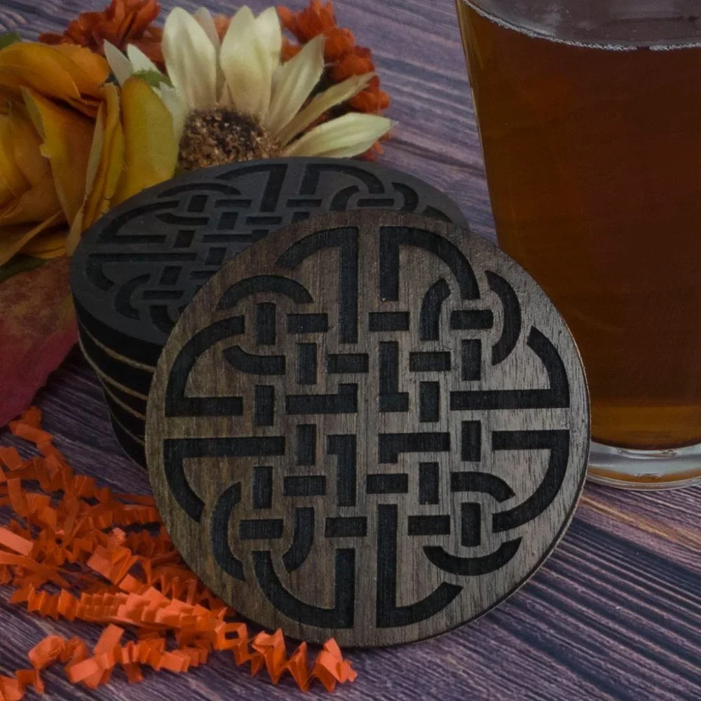 HANDMADE DRINK COASTERS Celtic Walnut with Laser Etched Design (4) - Picture 1 of 2